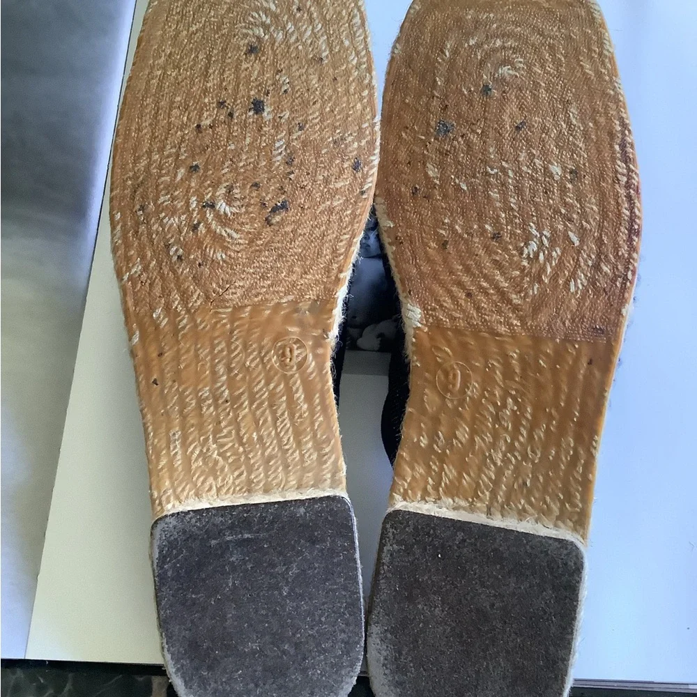 Eddie Bauer dark wash cotton denim espadrille jute heels slides size 9